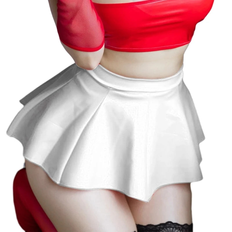 Womens Solid Color Novelty Pleated Mini Skirt 20cm PU Faux Leather A-Line Skirts Dropship