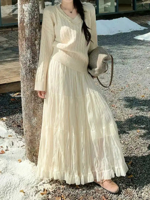 Elegant Pleated Skirt for Women with Elastic Waist Slim Fit A-Line Long Design Spring 2026 Fashion Trend